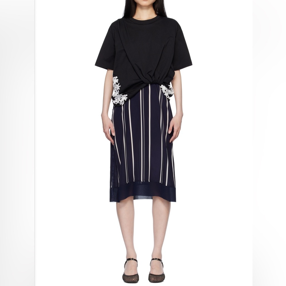 3.1 Phillip Lim Black Top with Navy and White Striped Skirt